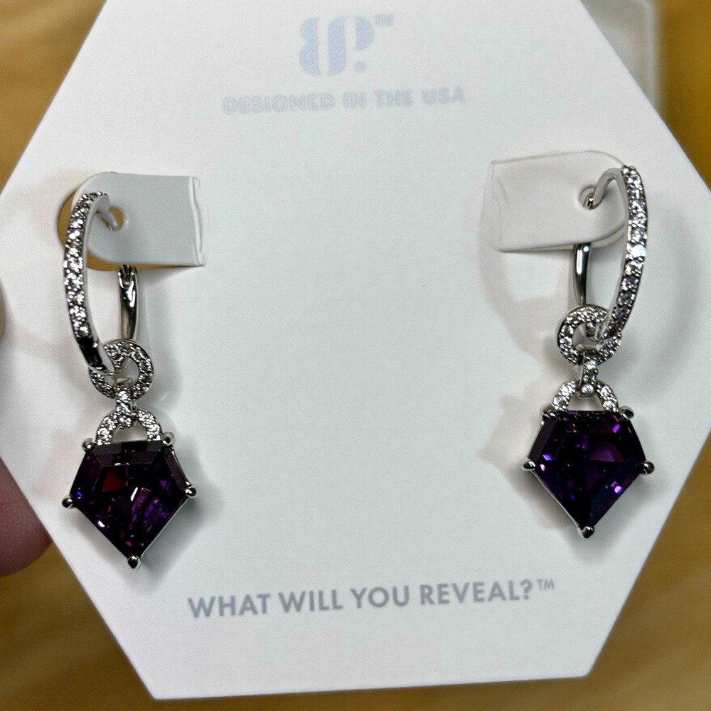 Bomb Party Hear Me Now! Earrings Womens OS Purple Rhodium Plated Amethyst CZ New